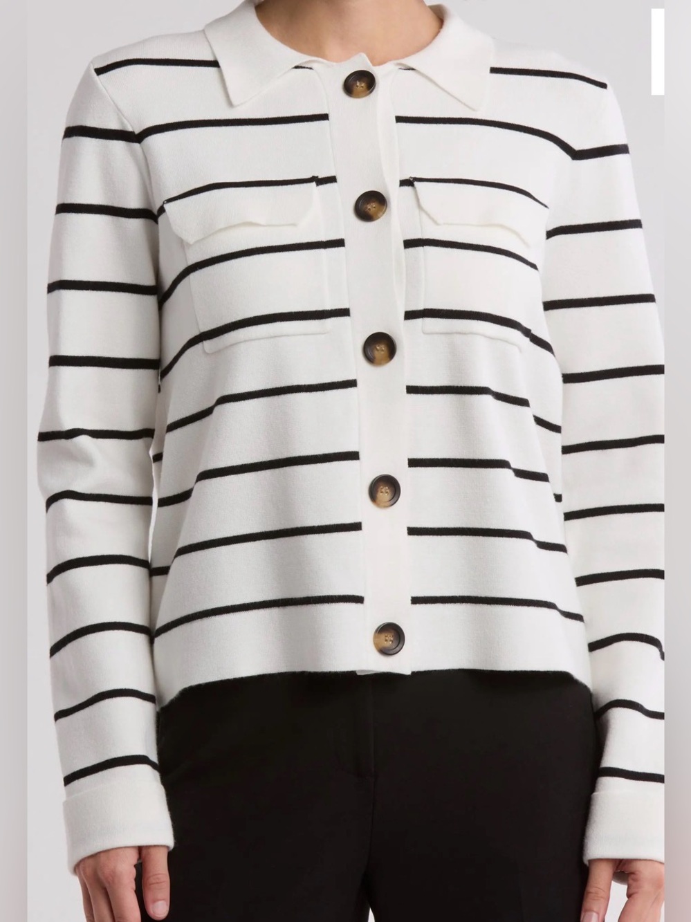 T Tahari Collar Button Front White Cardigan w Black Stripes - Size S
